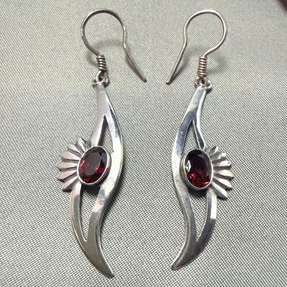 Silver & Garnet Sunburst Open Fan Wave Dangle Earrings